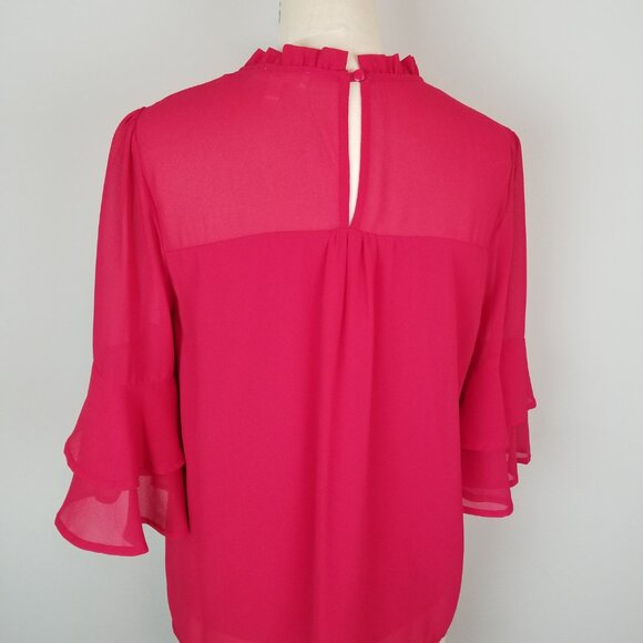 Monteau Red Blouse with Flared Ruffled 3/4 Sleeves & Collar Women's Size Large - Picture 5 of 9